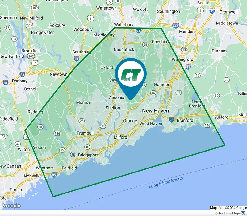 CT Turf Specialists Service Area Map Ansonia, CT
